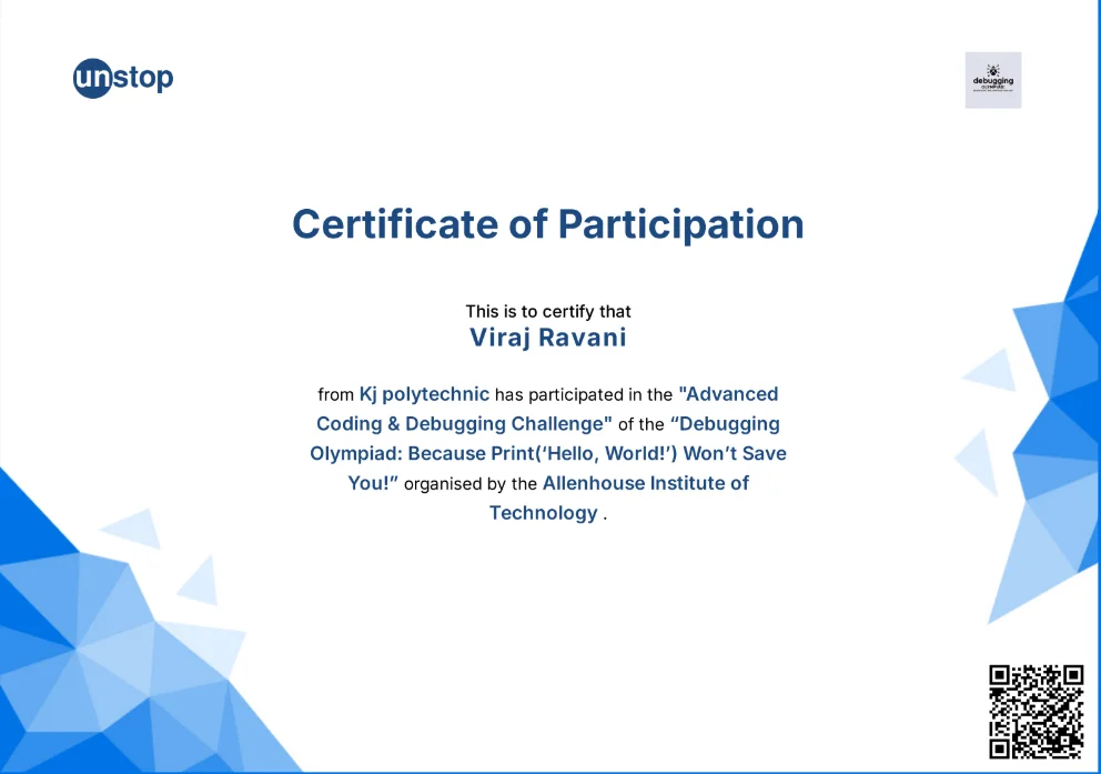 Viraj Ravani Advance Coding & Debugging Competition certificate
