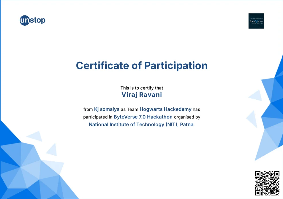 Viraj Ravani Byteverse Hackathon certificate