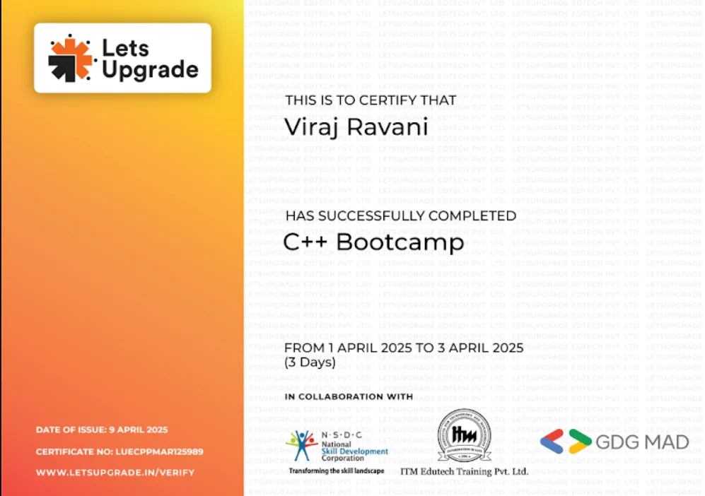Viraj Ravani C++ Bootcamp certificate