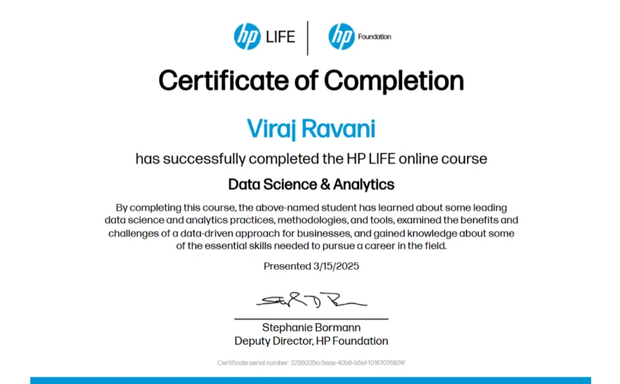 Viraj Ravani Data Science & Analytics certificate