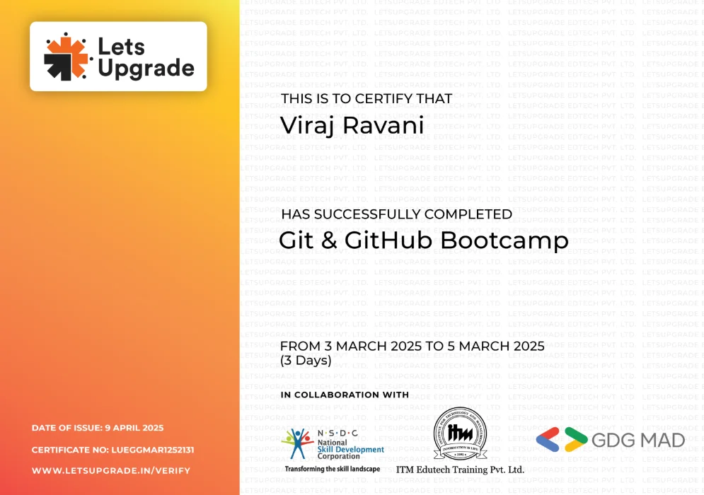 Viraj Ravani Git & GitHub Bootcamp certificate