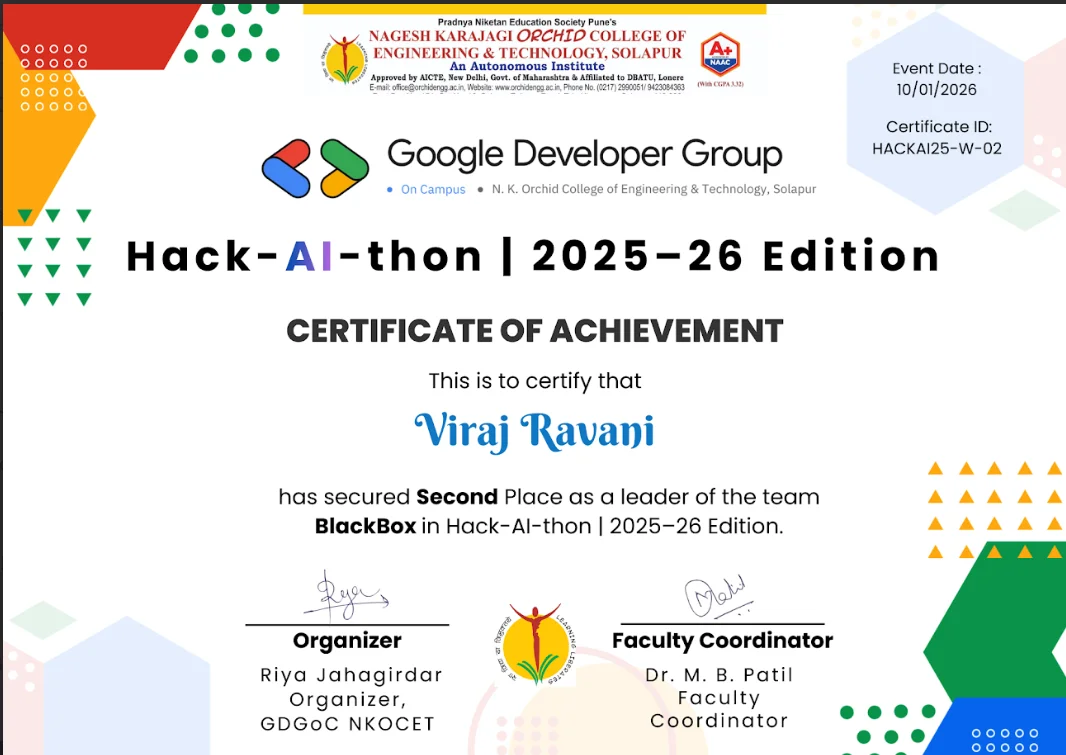 Viraj Ravani Hack-AI-thon 2026 certificate