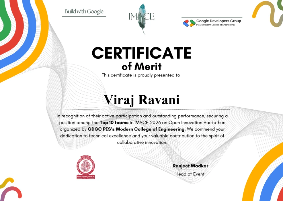 Viraj Ravani Imace Hackathon certificate