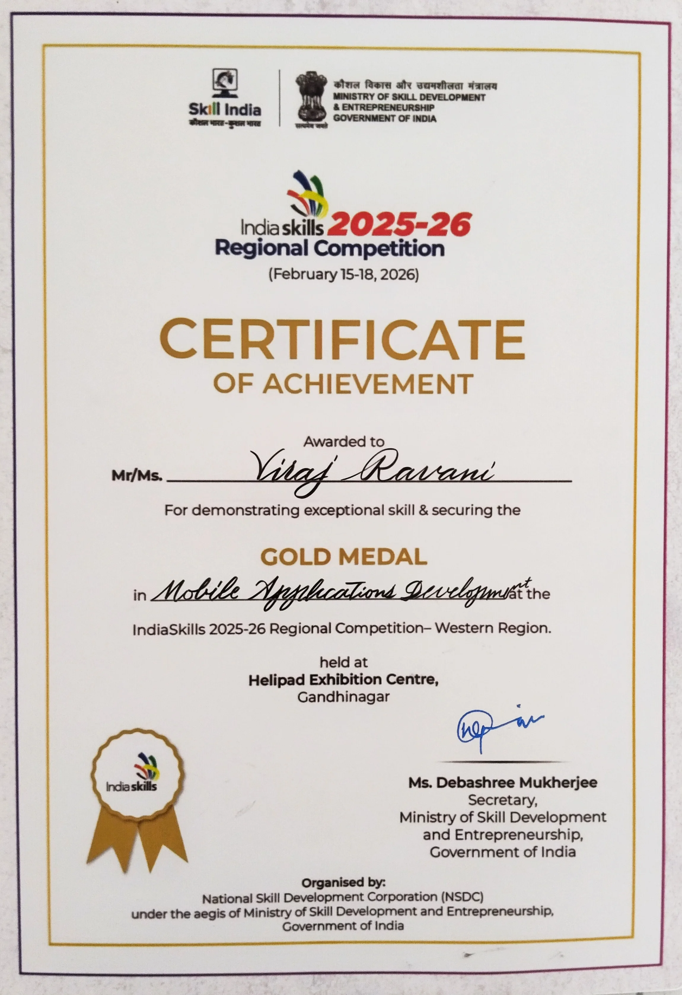 Viraj Ravani IndiaSkills Regional Level certificate