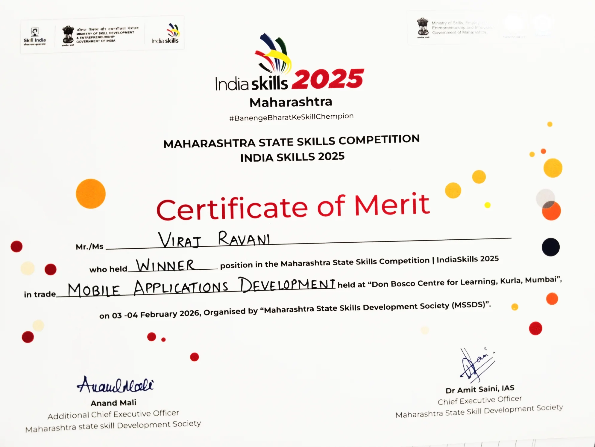 Viraj Ravani IndiaSkills state Level certificate