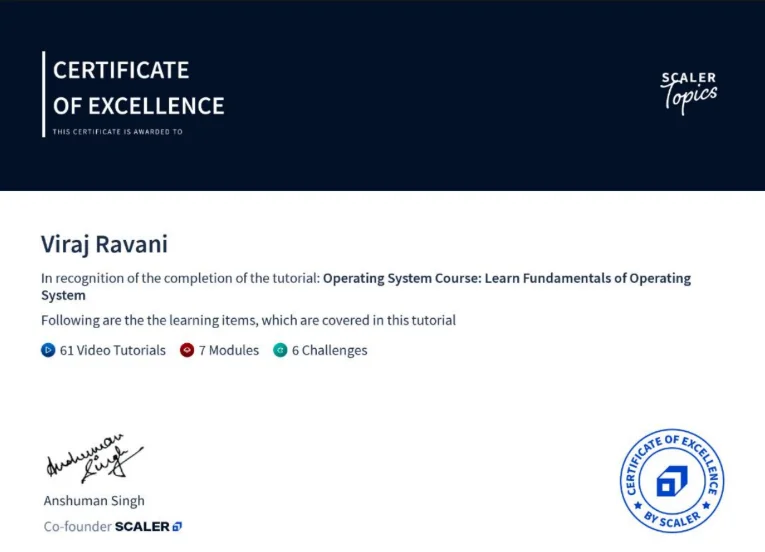 Viraj Ravani Operating Systems certificate