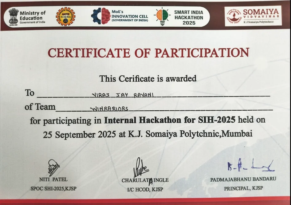 Viraj Ravani Smart India Hackathon certificate
