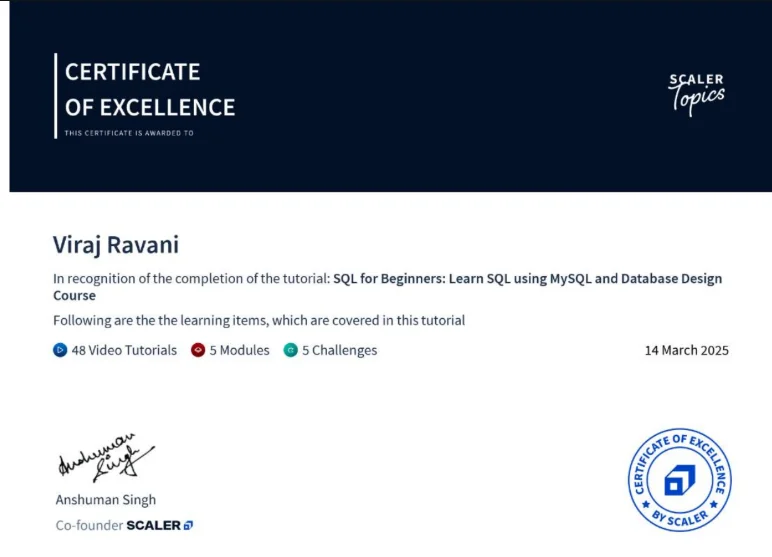 Viraj Ravani SQL & Databases certificate