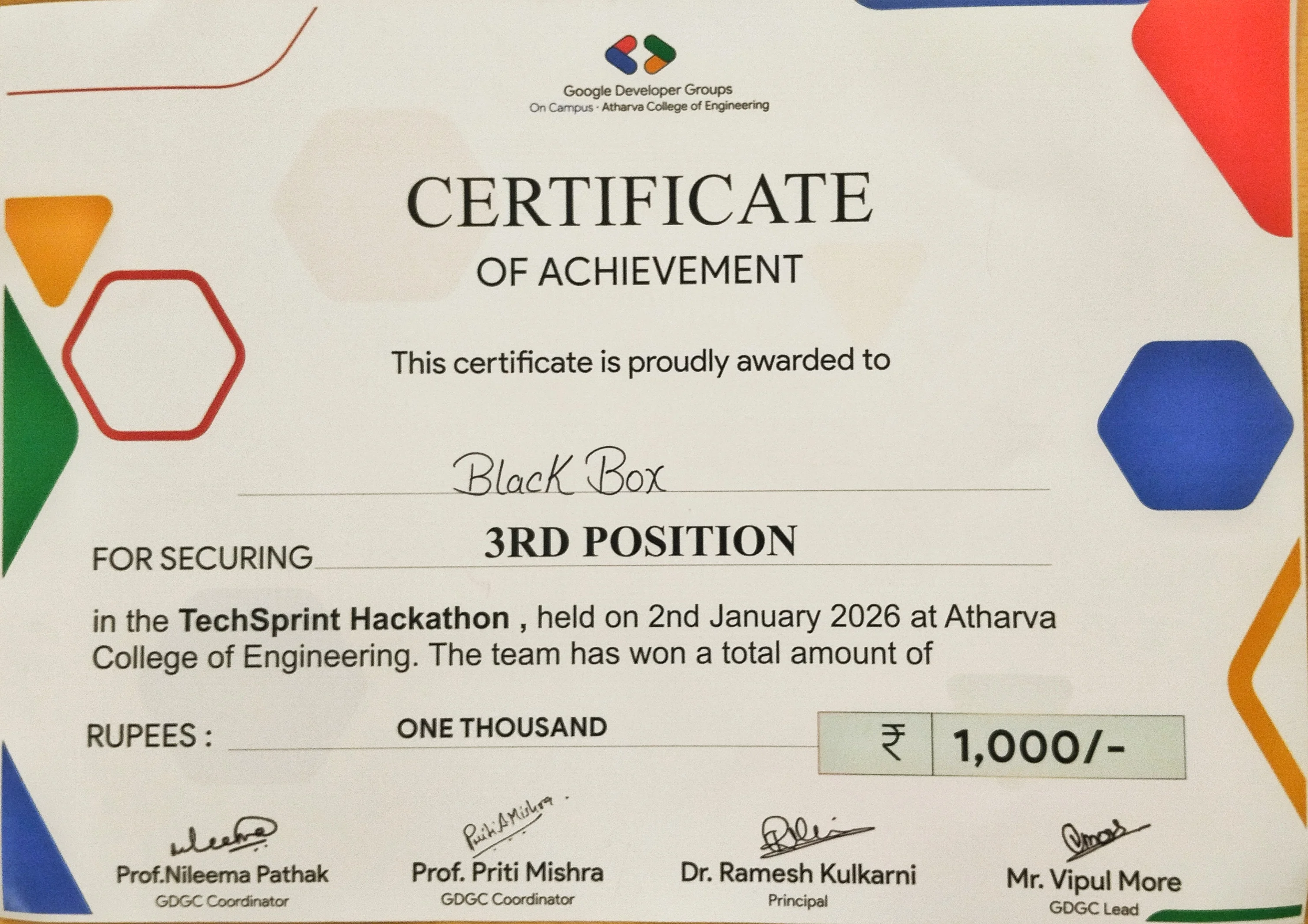 Viraj Ravani Techsprint Hackathon certificate