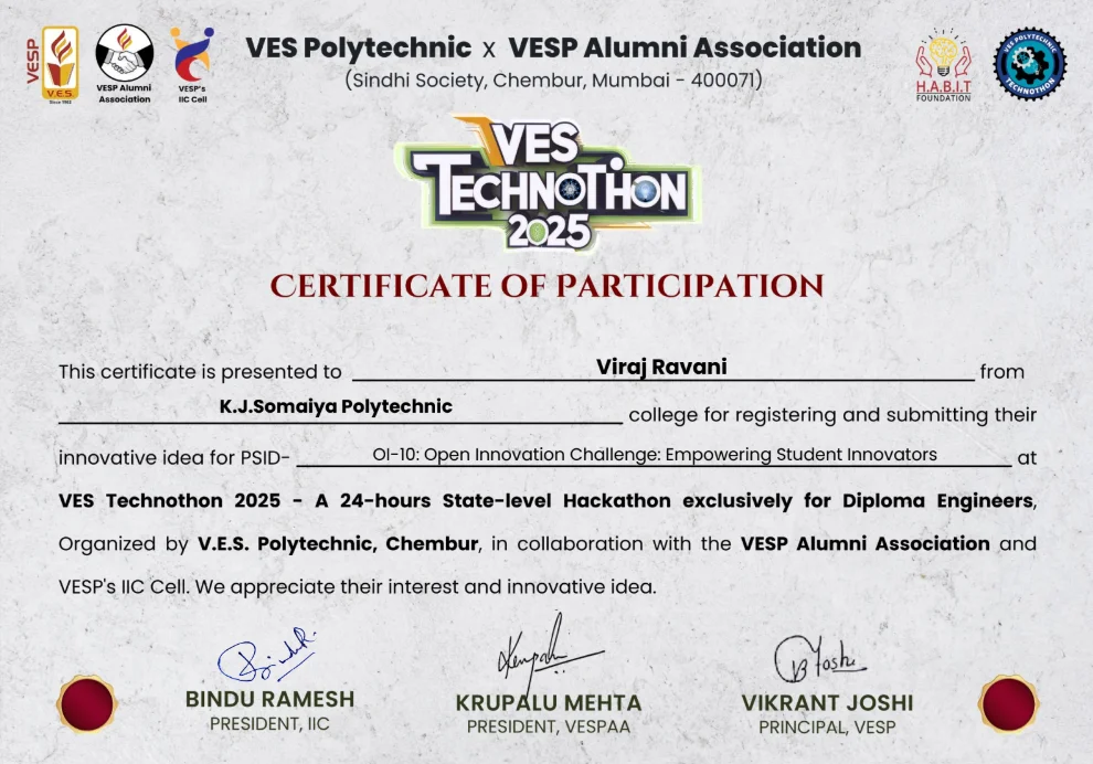 Viraj Ravani Technothon 24 hrs Hackathon certificate